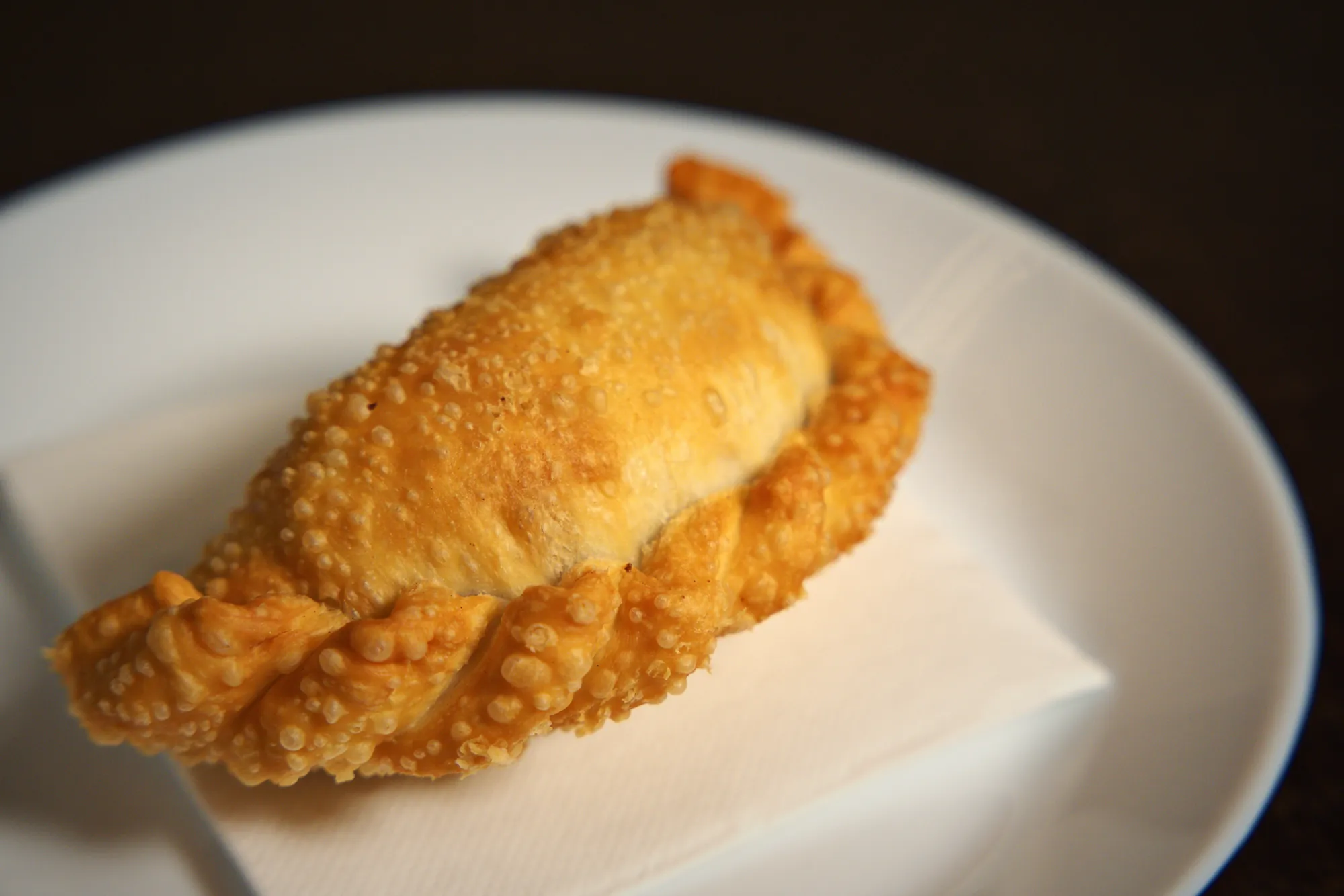 Primer plano de una empanada frita con el repulgo hecho a mano